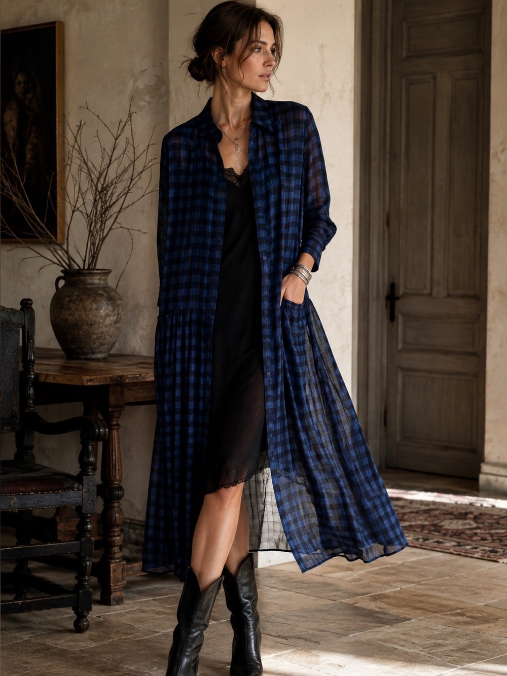 Donna Degnan Blue Black Size 6 Sheer Plaid Midi Shirt Dress Quiet Luxury